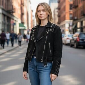 Vintage Morganwear Leather Jacket Small Black Studded Moto Lace Up Belt Biker